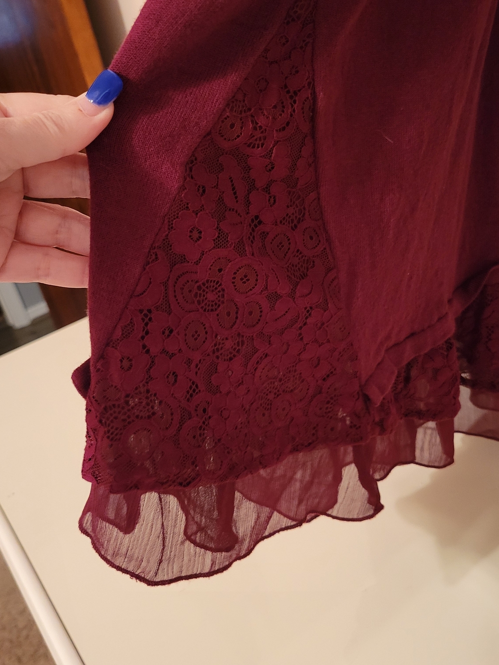Style & Co. Burgundy Long-Sleeve Lace & Chiffon Hem Top - Picture 4 of 6